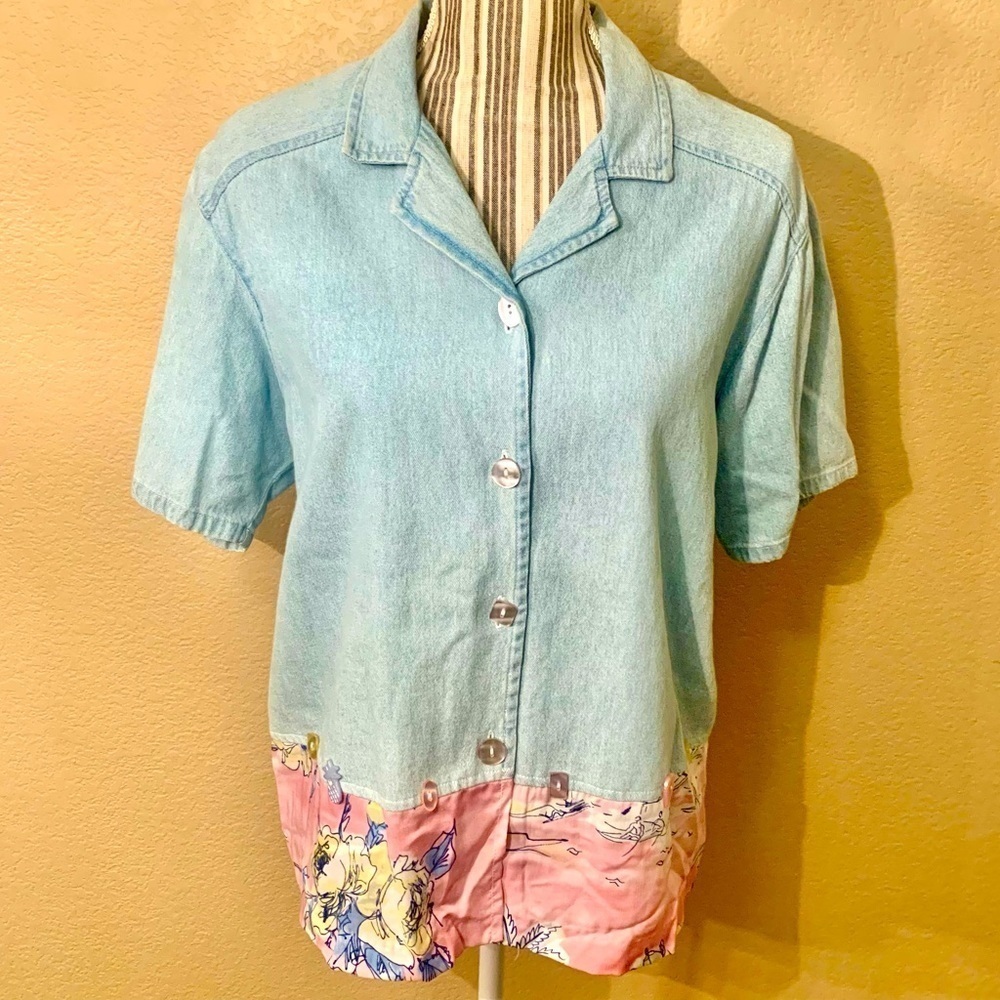 Teddi Light Blue and Pink Floral Hem Button-Up Blouse